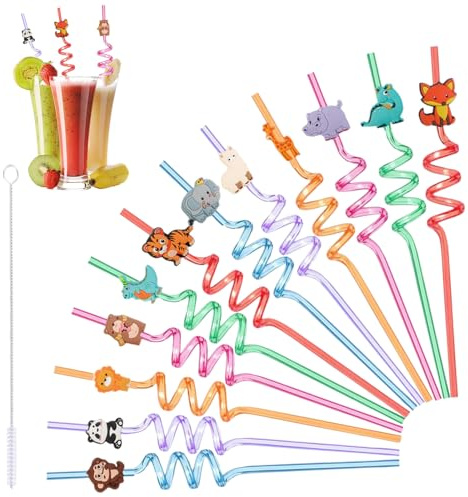 Embhlitfe Wiederverwendbare Trinkhalme für Kinder, 12 Stück, bunte Tiere, Partyzubehör für Kindergeburtstag, Weihnachtspartyzubehör