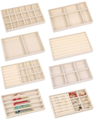 Lot de 8 plateaux à bijoux en velours pour tiroirs - Organisateur de bijoux empilable - Remplace les bijoux - Tiroir pour boucles d'oreilles, bagues, colliers, beige