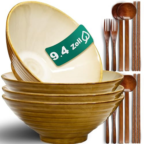9.4 Pulgadas Juego De 4 Cuencos De Ramen De Cerámica (16 Piezas), Con Tenedor Palillos Chinos y Cuchara Cuenco Japonés para Sopa de Fideos Ensalada Ideal para Regalo Apto Lavavajillas y Microondas