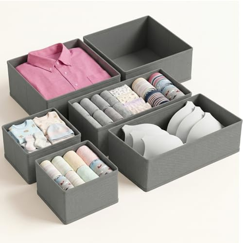 QINGGENG Schubladen Organizer, Faltbare Schubladenorganizer für kommode, Schrank, Stabiler Kleiderschrank Ordnungssystem für Kleidung, Unterwäsche, BH, Socken, Tshirt, grau, 6er Set