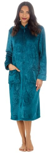 INSIGNIA Ladies Zip Tradional Fleece Embossed Dressing Gown (UK, Numeric, 10, 12, Regular, Regular, Teal)