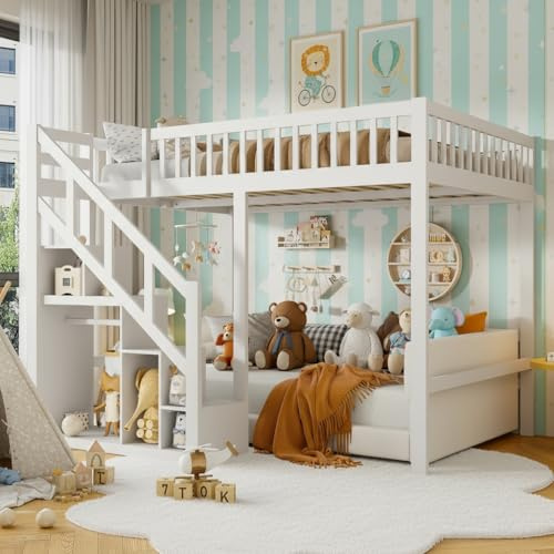 Letto a castello per bambini 140 x 200 cm, letto a castello per bambini, con scale, culla con armadi e anticaduta, letto a castello per ragazze e ragazzi, letto a soppalco, bianco