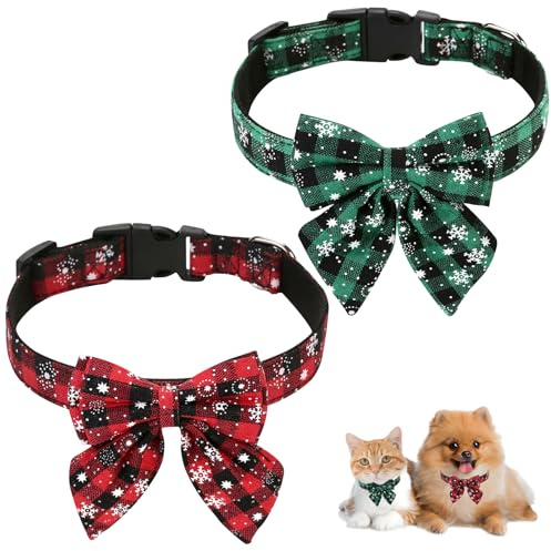 KOOOGEAR 2 Stück Weihnachtshalsband für Katzen und Hunde,Katzenhalsband mit SchleifeSchneeflocke mit Weihnachten,Abnehmbare Fliege,Haustier Trainingshalsband,Hundehalsband mit Sicherheitsschnalle (L)