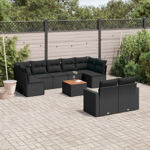QJBSAVVA 10-TLG. Garten-Sofagarnitur Schwarz aus wetterfestem Poly Rattan mit Akazienholztisch und dicken Sitzer-Kissen, modulares Lounge-Set platzsparend für Balkon, Terrasse und kleine Gärten