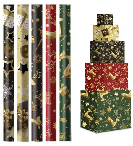 Papel de Regalo 70x200cm (Pack de 5 Rollos) - Diseños Surtidos y de Papel Resistente - Ideal para Envolver Regalos en Cumpleaños, Bodas, Navidad, Fiestas - Dorado y Navidad Clásica