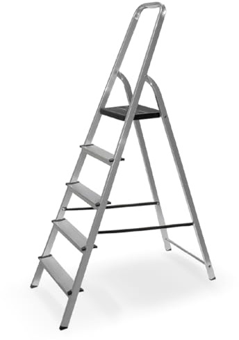 Escalera Plegable de Aluminio, con Barandilla Superior, Pies Antideslizantes, Plataforma de Apoyo, para Uso Doméstico, Peldaños Antideslizantes, Escalera de Tijeras (5 PELDAÑOS)