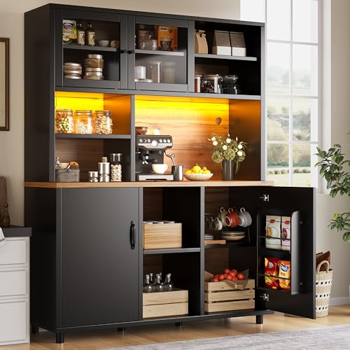 Huayz Armario de cocina con encimera e iluminación LED, gabinete de buffet armarios de cocina con puertas de cristal, armario buffet de cocina con cajones, 130 x 45 x 180 cm (negro - A)