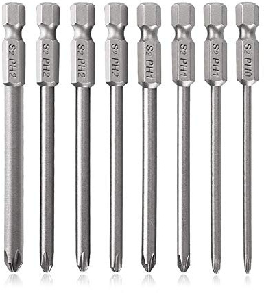 Saipor 8 Stück 75mm Kreuzschlitz-Schraubendreher-Bits Set PH0 / PH1 / PH2 | Magnetische Kreuzkopf Bit S2 Stahl Schraubendreher Bit Set mit 6,35mm (1/4 Zoll) Sechskant Schaft