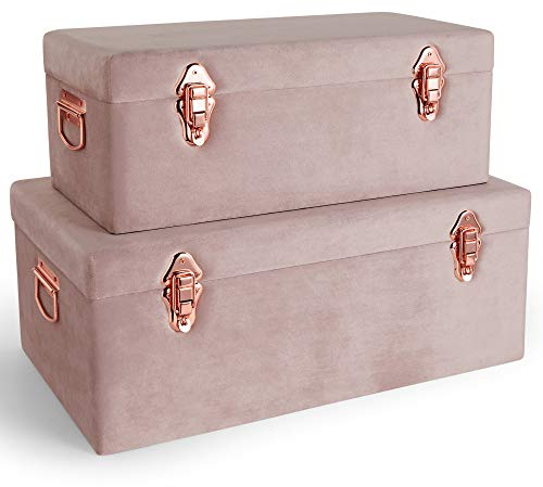 Beautify Storage Trunks, Set of 2 Pink Velvet Finish Storage Chests w/Rose Gold Detailing, Stackable Bedroom Chest Organiser w/Lockable Lids, Sturdy Multi-Purpose Bedding, Blanket & Toy Box