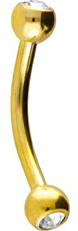 PIERCINGLINE Titan Banane 2 KRISTALLE Gebogener Piercing Stab Augenbraue Ohr Lippe Intim Brust Goldfarben 1,2 x 8 mm