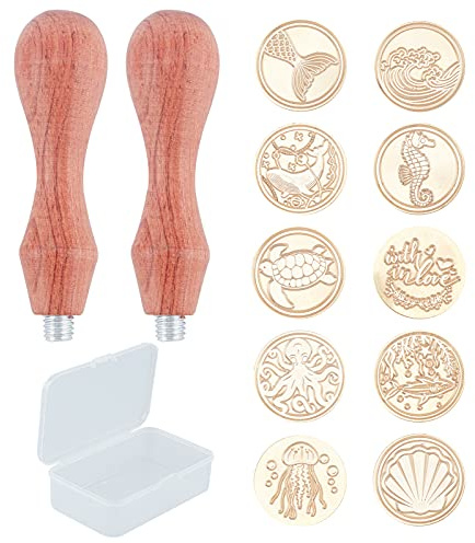 craspire Wachssiegelstempel Ozean Thema 8 STÜCKE Siegellackstempel 25 mm Abnehmbare Messingköpfe + 2 Holzgriffe + 1 Behälter (Wal + Meeresschildkröte + Seepferdchen + Hai + Oktopus + Muschel)