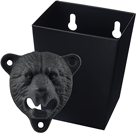 Jumiok Black Cast Iron Wall Mount Bottle Opener Grizzly Bear Teeth Bite with Narrow Stainless Steel Cap Catcher Bucket for Wood Post Table