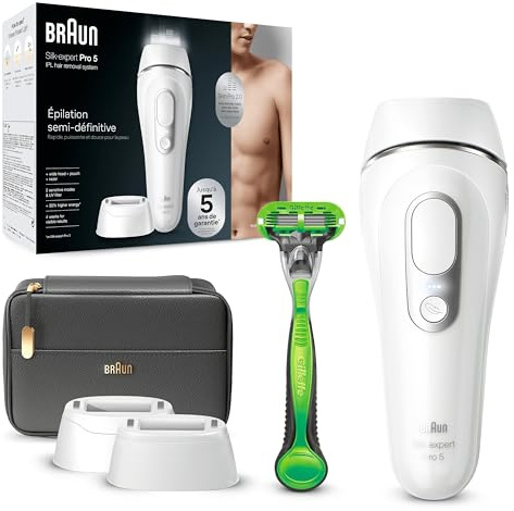Braun IPL Silk Expert Pro 5 Haarentfernungsgerät Herren, 2 Aufsätze, sichtbare Haarentfernung, Designed In Germany, Gillette Body Rasierer, Alternative zu Laser Haarentfernung, PL5145, weiß/silber