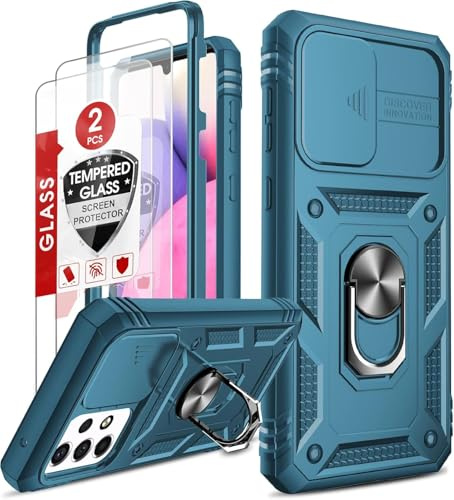 LeYi Cover per Samsung Galaxy A33 5G con Vetro Temperato [2 Pack],Custodia con Protezione Fotocamera [Slidable] Antiurto Grado Militare 360°Magnetica Anello Supporto TPU Bumper Silicone Custodie Blu