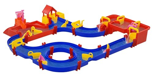 HOMCOM Playset acuático de 78 piezas con agua y arena, ruta acuática para niños de 3 a 6 años con accesorios y piezas componibles, de polipropileno, 123 x 111 x 7 cm, azul y rojo