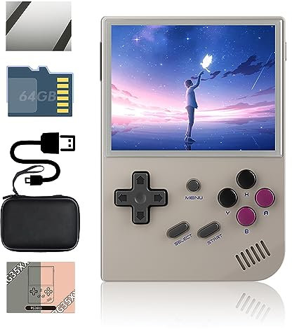 RG35XX Handheld Game Console 3.5 inch IPS Retro Games Consoles Classic Emulator Hand-Held Gaming Console Preinstalled Hand Held Video Games System with Portable Case 64GB Retro Gray