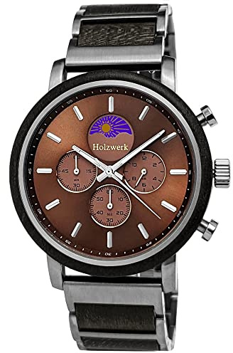 Holzwerk Germany Handgefertigte Designer Herren-Uhr Öko Natur Holz-Uhr Chronograph Armband-Uhr Analog Quarz-Uhr Braun Schwarz Blau Silber mit Mondphase