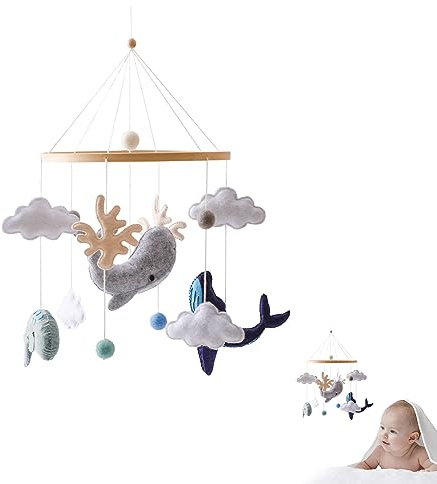 Promise Babe Mobile Baby Havsdjur med filtbollar, Baby Room Djur Dolphins Whales Trä Virkad Mobile Nyfödd pojke flicka Moln Djur Sängklocka Hängsmycke Barnsäng Spjälsäng Byte av bord Dekoration