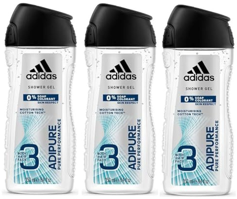 Adidas Adipure 3-in-1-Duschgel für Herren, für Haar, Körper und Gesicht, je 250 ml, % Seife, % Farbstoffe, 3 Stück