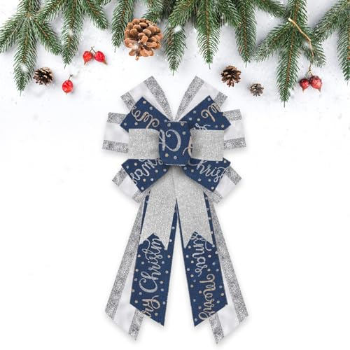 Estivaux Große Weihnachtsschleifen für Kranz, Frohe Weihnachten, Kranz, Schleifen, Glitzer, silberfarben, blau, Jute-Schleife, Winterurlaub, Bastelband, Schleife, Weihnachtsbaumschleifen für Haustür,