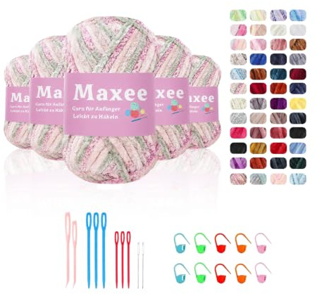 Maxee 500g(5×100g) Samtig Babywolle, Samt Chenille Garn mit Häkelwerkzeuge, Kuschelweich Velvet Chenillegarn Flauschige, Weich Plüschwolle Häkelgarn Wolle zum Stricken & Häkeln