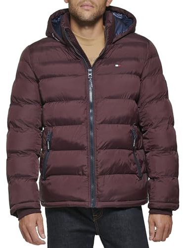 Tommy Hilfiger Men's Hooded Puffer Jacket (Standard and Big & Tall) Down Alternative Coat, Port, L