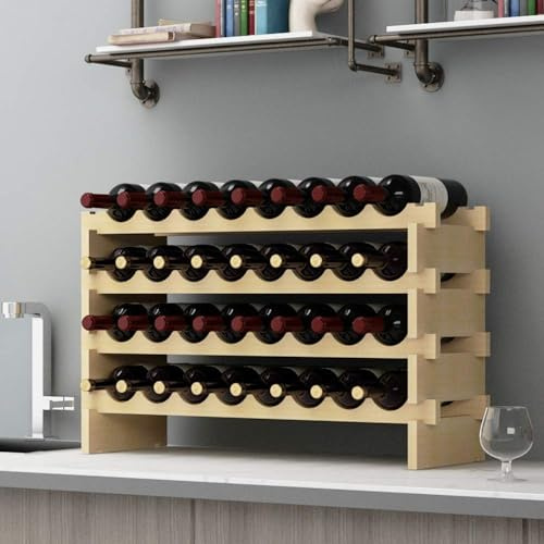 SogesPower Étagère à Vin en Pin Casier à Vin avec 4 Étagères, Capacité pour 32 Bouteilles de Vin, Présentoir à Vin pour Cave, Cuisine, 90 x 30 x 54 cm