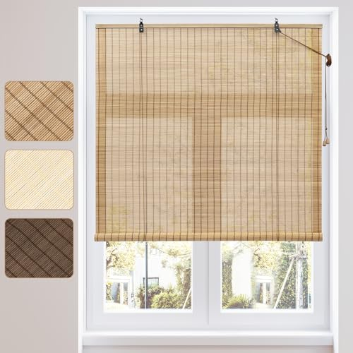 WOLTU Estores de Bambú, Persianas Enrollables para Exterior e Interior, Cortina de Bambú Natural, Estor Transpirable de Puertas o Ventanas, Protección Solar y Privacidad, Marrón, 70x220 cm