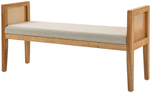 HOMCOM Banc Bout de lit, Banc d'entrée, accoudoirs en rotin et Cadre en Bois Massif, Assise rembourrée en Tissu Aspect Lin, Bout de lit pour Chambre, Salon, Design Moderne, crème