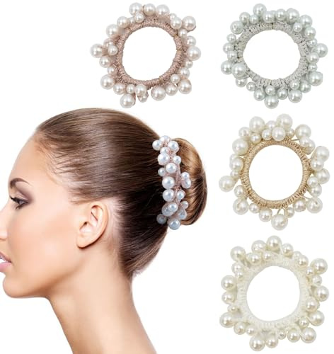 Coriver Perlen Haarschmuck mit Strass - 4 Stück Haargummi Scrunchies für Damen und Mädchen