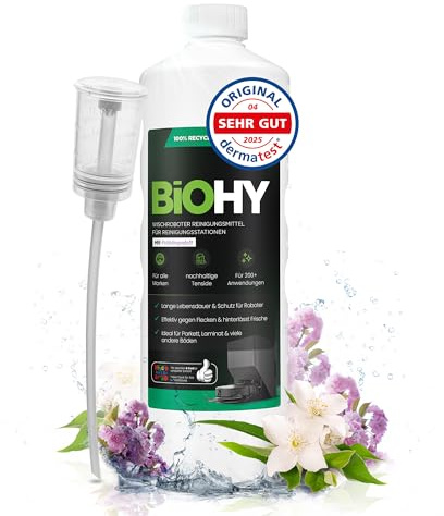 BiOHY Mopprobot rengöringsmedel med fräsch vårdoft (1l flaska) + doser | Särskilt utvecklad för rengöringsstationer | Förlänger livslängden för sugstationen (Wischroboter Station Frühling)