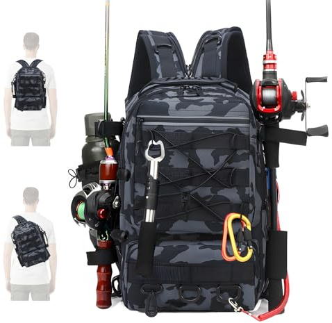Fishing Tackle Backpack, Large Rucksack with Rod Holder, Waterproof Storage Tackle Bag, Multi-Purpose Military Tactical Sling Bag for Fishing, Hunting, Hiking, Camping & Outdoor Sports (Black)