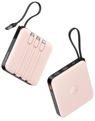 VRURC Power Bank, Powerbank 20000mAh Klein mit 4 Kabeln, 22.5W Schnellladen | Tragbares Ladegerät USB-C Externer Handy Akku mit LED-Anzeige, QC3.0 Akkupack für iPhone Huawei Samsung Smartphones
