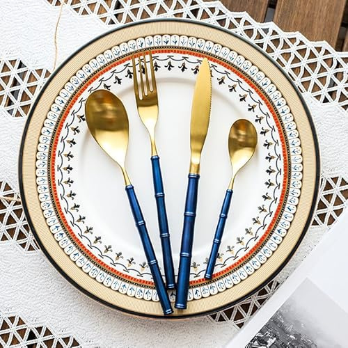 Posate in Argento, Set di Posate, 4/16/24/32/40/48 Pezzi, coltelli da Portata Principali in Acciaio Inossidabile 304 Blu e Oro, forchette, cucchiai, cucchiaini da tè, Vari abbiname
