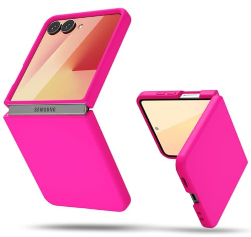 oakxco for Samsung Galaxy Z Flip 7 Phone Case Liquid Silicone, Cute Thin Slim Soft Rubber Gel for Women Men, Smooth Matte Plain Bright Color Simple Case with Camera Cover, Fluorescent Neon Hot Pink