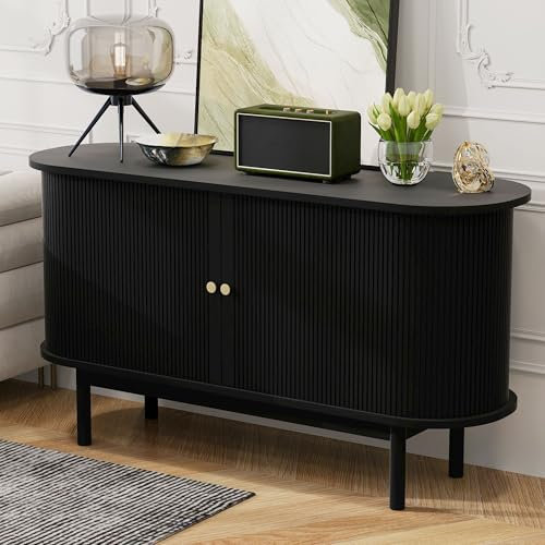 Azkoeesy TV-Schrank Sideboard Buffet 138 cm, Retro Schrank mit 2 Schiebetüren, 4 Fächer, Bodenschutz, Kiefernholzbeinen (Schwarz)