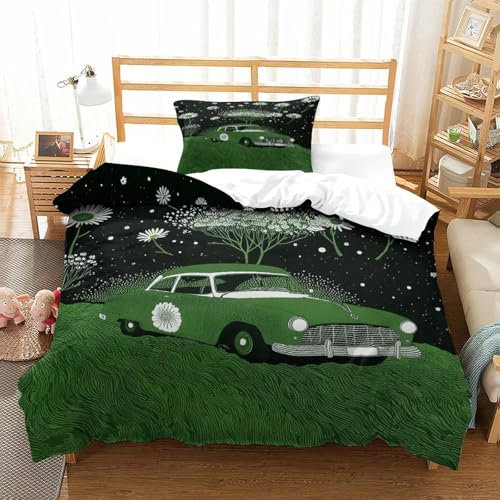 EMYXPAQM Juego De Funda De Edredón De Lujo Estampado 3D Coche Tierra Verde Crisantemo, Microfibra con Cremallera, Funda De Almohada para Hombres Y Adultos Single（135x200cm）