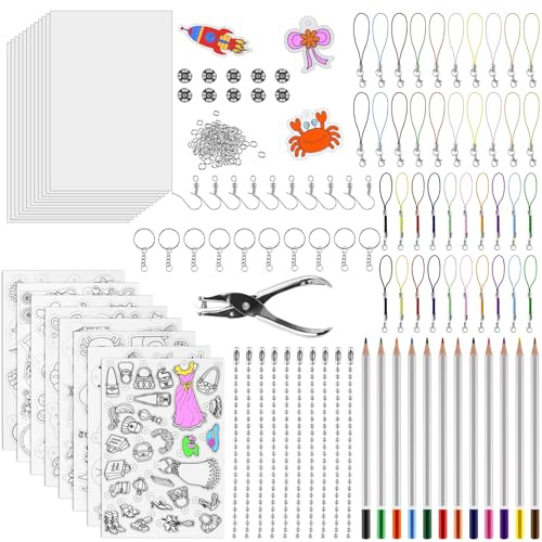 Foydream 213 Stück Schrumpffolie Set, Schrumpffolie zum Basteln Set mit A4 Schrumpfpapier, Schlüsselbundzubehör, Buntstifte, Locher, Shrink Plastic, DIY Handwerk Dekorationen für Kinder