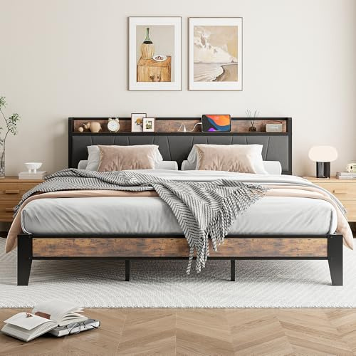 IRONCK Super King Bed Frame with Storage Shelf Upholstered Headboard, Platform Bed Frame with Charging Station, Metal Bed Frame/UnderBed Storage, Enhanced Support Noise Free, Vintage Brown+Grey