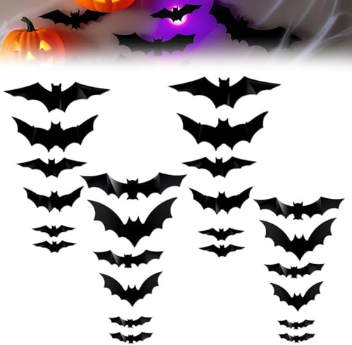 2025 Lot de 24 autocollants muraux chauve-souris 3D avec LED - Décoration d'Halloween - Décoration pour extérieur et intérieur
