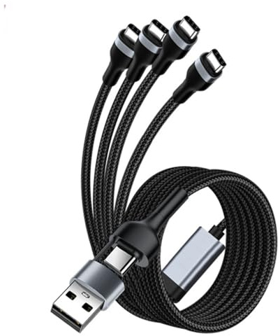 USB-C Splitter Multi-Charging Cable USB A/C to 4-in-1 Multi-Function Charging Cable with 4 Ports Dual Nylon Braided Design for Huawei, Honor, Xiaomi, and Other Type-C Devices (Black, 1.2 M)