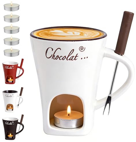 BOYIFEIJIE Schokofondue Tasse, 200ML Schokoladen Fondue Tassen mit Teelicht, Keramik Schokofondue Tasse Set mit Gabele, Schokolade, Butter und Karamell (Weiß)