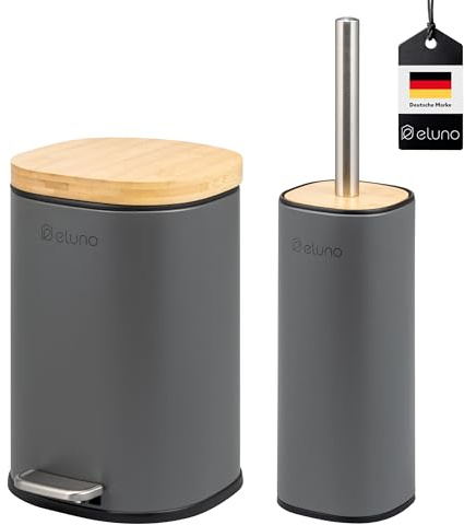 eluno Set di accessori da bagno Framura, 2 pezzi, composto da 1 secchiello per cosmetici con coperchio a chiusura morbida e 5 litri di capacità e 1 set per WC, in metallo con coperchio in bambù