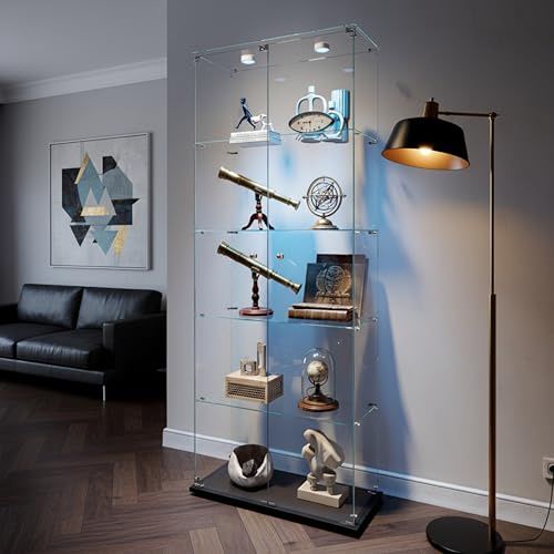 Glasvitrin stående vitrinskåp svart med LED-belysning och hjul – 5-våningshyllor 186,5 x 34,5 x 78,5 cm ramlöst fullt vitrinskåp, höjdjusterbara glasgolv – vitrinskåp för vardagsrum, kontor, bok