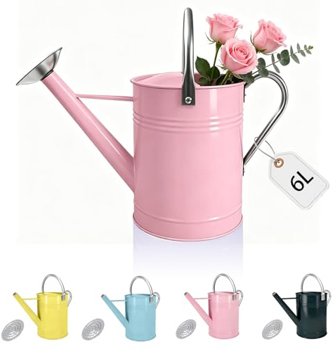 1.7 Gallonen Rosa Wasserkanne mit abnehmbarem Auslauf, Verzinkte Bewässerungskanne für Innenpflanzen im Freien, perfekte Metall-Bewässerungskanne für Innenpflanzen und Gartenblumen