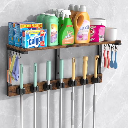 Housolution Broom Holder Wall Mounted with Cleaning Supplies Organiser, 45KG High Load-Bearing Laundry Room Storage Shelves, Multifunctional Mop Hanger Rack with 7 Grippers & 8 Hooks