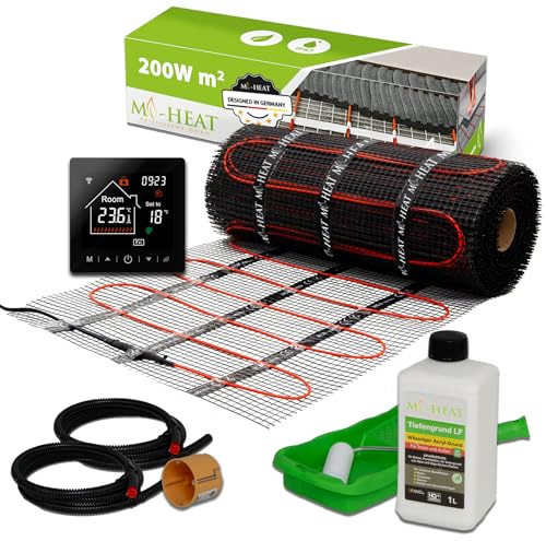 Mi-Heat Elektrische Fußbodenheizung 200W/m² 2,5m² Set - Bodenheizung Heizmatte Ausgleichsmasse – für Fliesen, Vinyl, Parkett & Laminat – Inkl Thermostat M2 WiFi schwarz