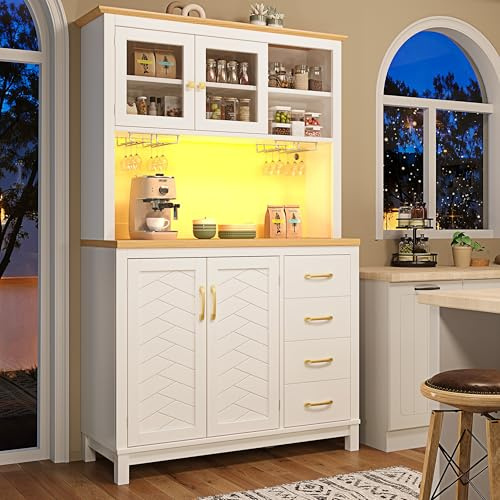 Lahoomu Seitenboard/Aufbewahrungsschrank/Küchenschrank/Buffetschrank, 105.5x40x180cm, 4 Türen, mit LED-Lichtleiste & Getränkehaltern, Weiß