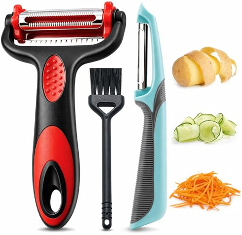 Leaflai 3-in 1 Potato Peeler Vegetable Peeler Set with Brush, Ergonomic Non-Slip Handle & Sharp Blade Y & I Shapes Swivel Peeler for Fruit Carrot Eggplant Cucumber