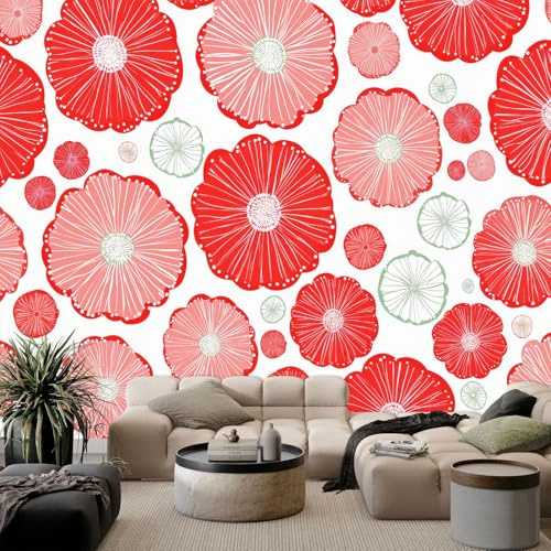 Carta da Parati Fotografica Rosso - 200 x 140 cm Carta da Parati murale Elegante Fiori Geometrico Cerchi TNT Camera da Letto, Fotomurale Poster per Pareti Soggiorno Cameretta Carta